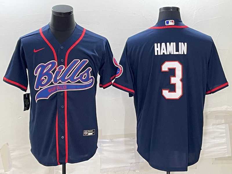 Mens Buffalo Bills #3 Damar Hamlin Navy Blue With Patch Cool Base Stitched Baseball Jersey